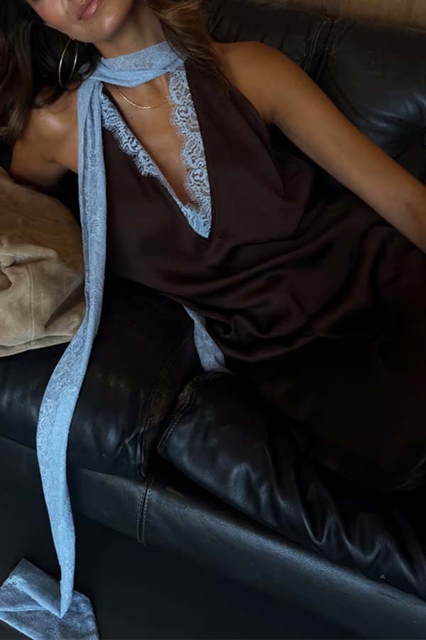 Brown Top and Midi Skirt Satin Paneled Lace Two-Piece Set