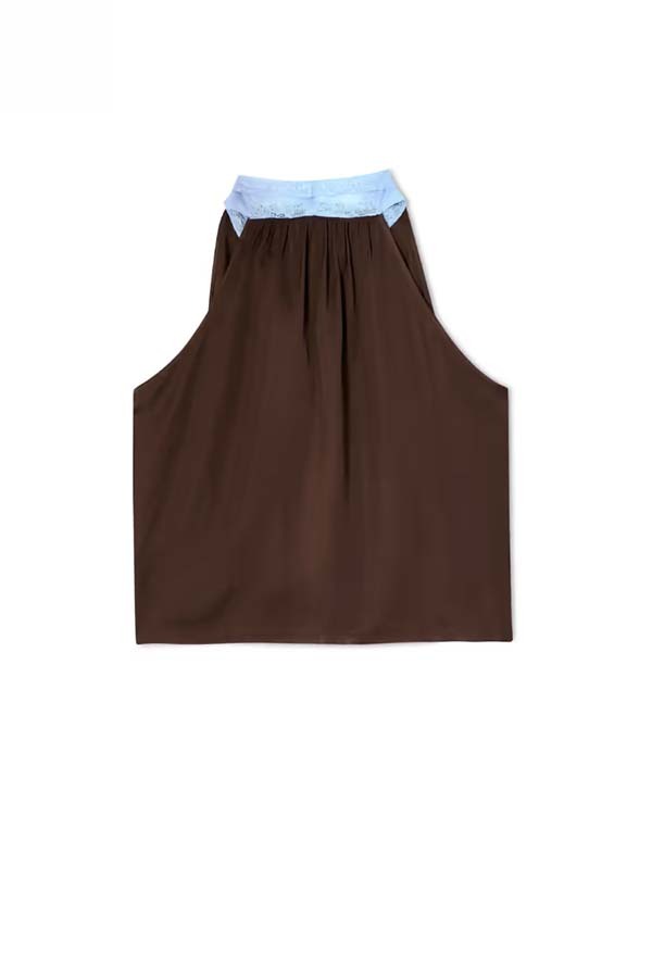 Brown Top and Midi Skirt Satin Paneled Lace Two-Piece Set