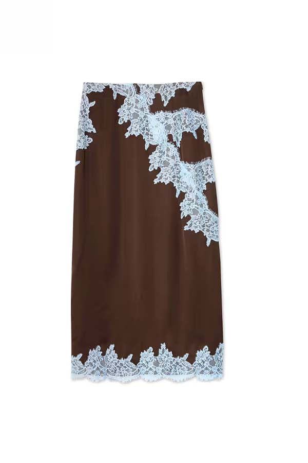Brown Top and Midi Skirt Satin Paneled Lace Two-Piece Set
