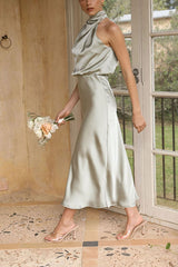 Light Green Satin Cowl Neck Midi Dress