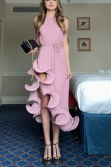 Solid Irregular Ruffle Midi Dress