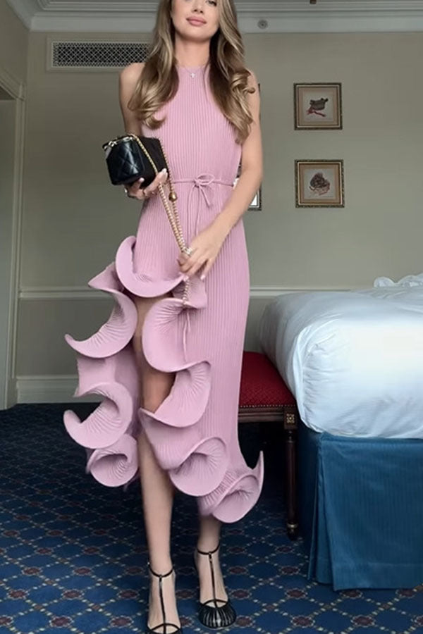 Solid Irregular Ruffle Midi Dress