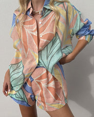 Artistic Foliage Print Shirt And Shorts Matching Sets