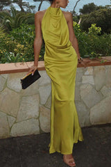 Lime Yellow Draped Neck Satin Maxi Dress