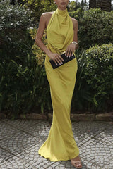 Lime Yellow Draped Neck Satin Maxi Dress