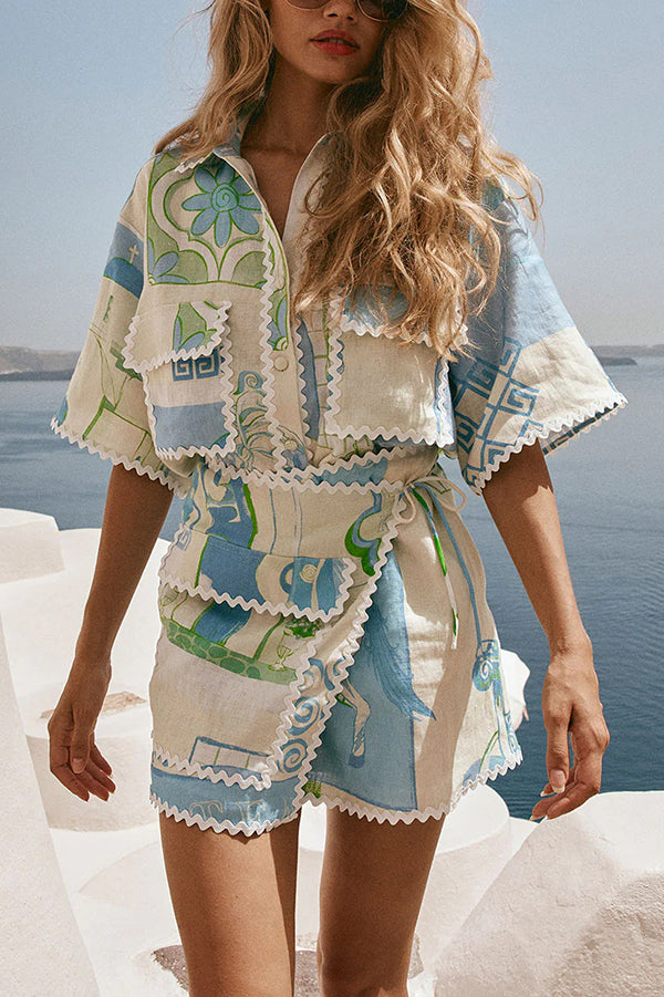 Blue Geo Print Shirt And Skorts Matching Sets