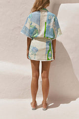 Blue Geo Print Shirt And Skorts Matching Sets