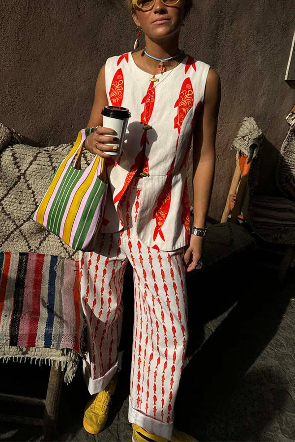 Red Fish Print Tank And Pants Linen Matching Sets