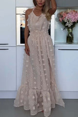 Pom Pom Halter Backless Slit Maxi Dress