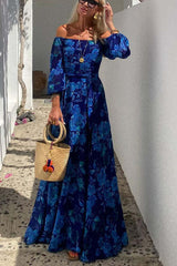 Blue Floral Off Shoulder Maxi Dress