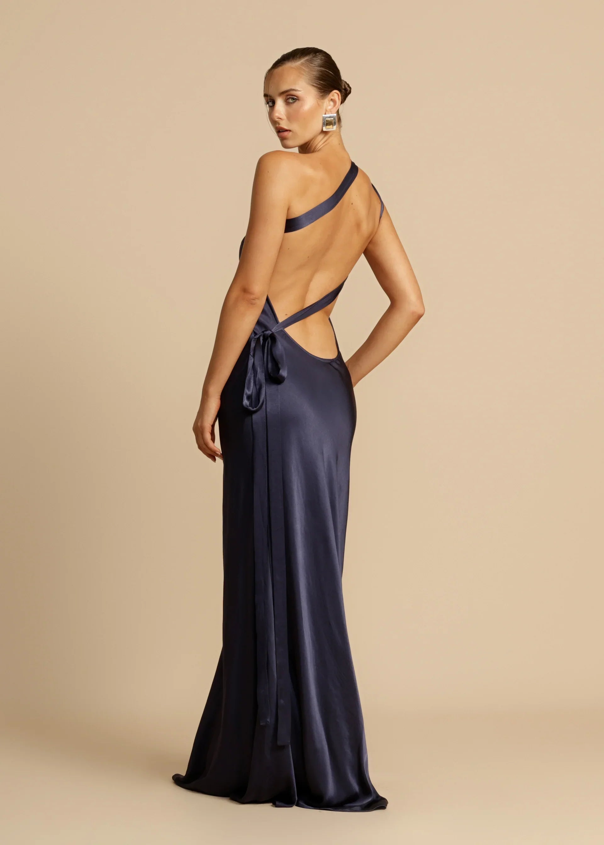 Orange Red Satin One Shoulder Maxi Dress