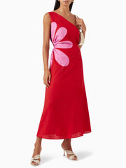 Red Floral One Shoulder Midi Dress