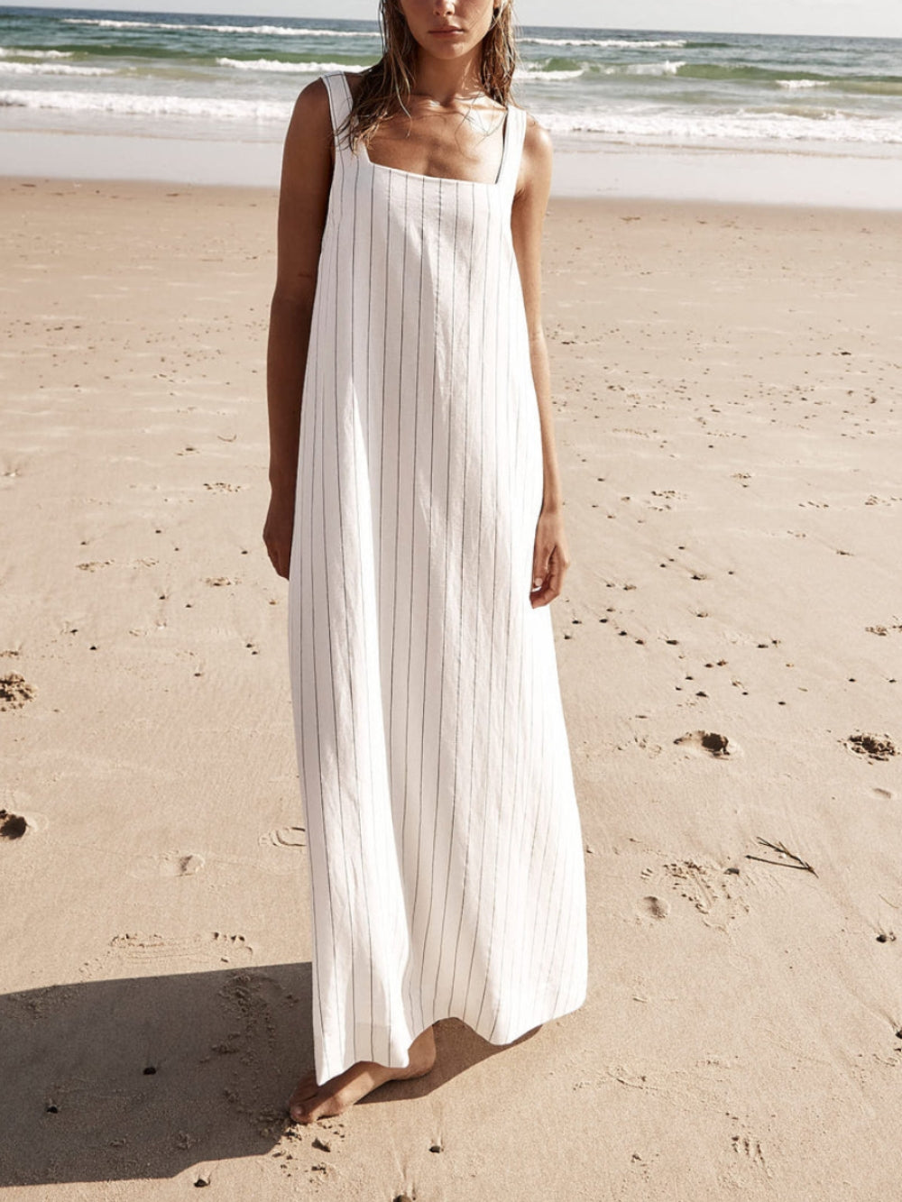 White Pinstripe Sleeveless Maxi Dress