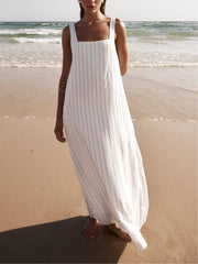 White Pinstripe Sleeveless Maxi Dress