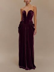 Plum Strapless Velvet Bandeau Maxi Dress