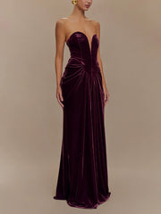 Plum Strapless Velvet Bandeau Maxi Dress