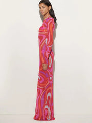 Hot Pink Wavy Line Printed Semi-Sheer Maxi Dress