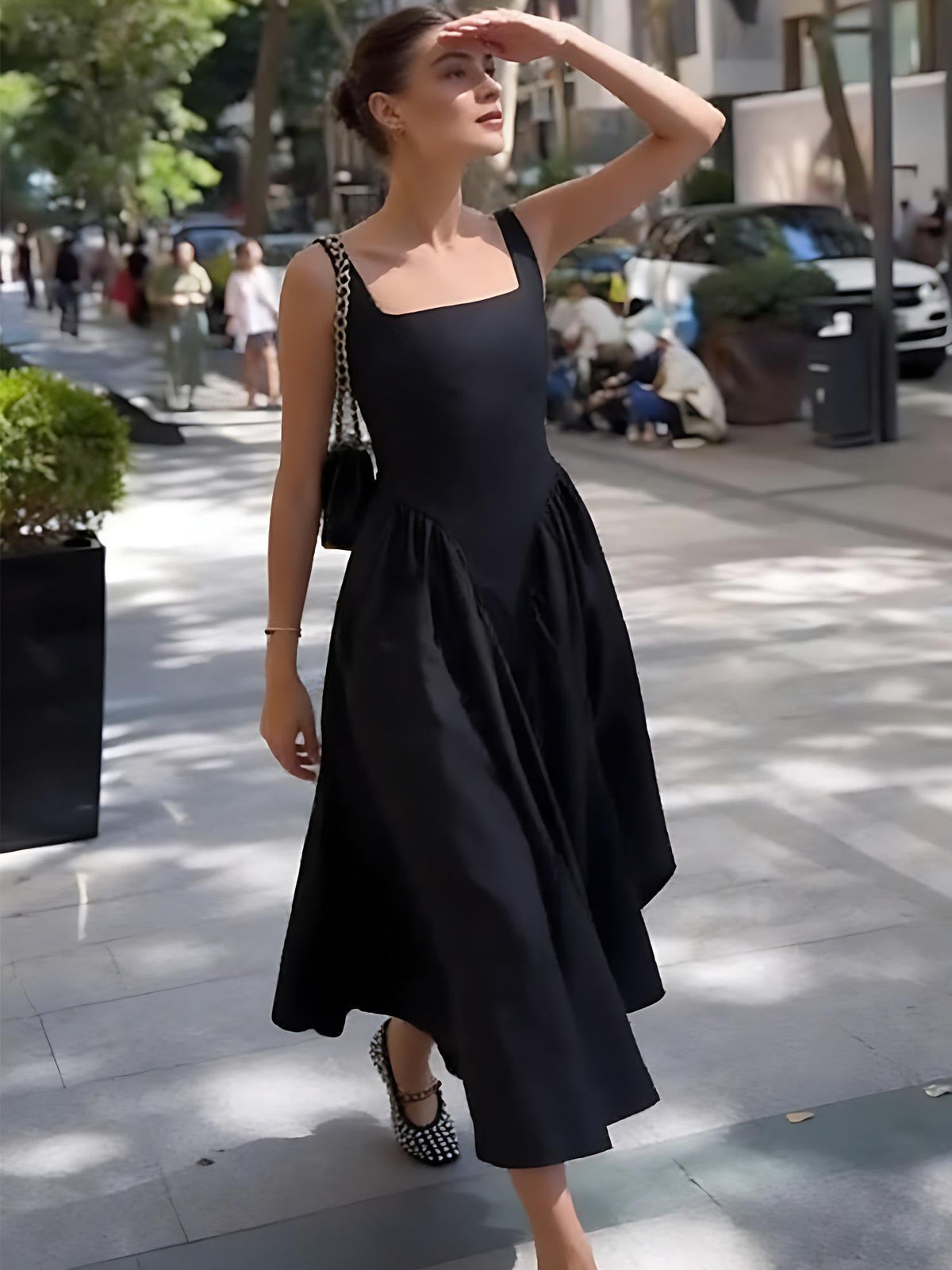 Black Square Neck Backless Midi Dress