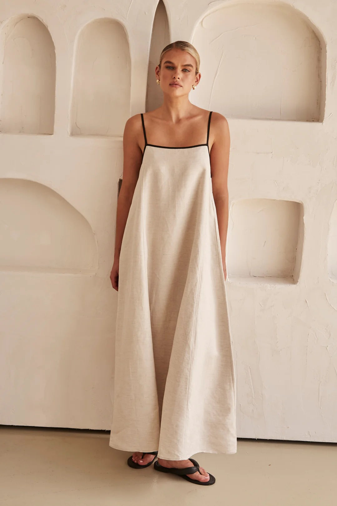 Casual Beige Linen Slip Maxi Dress