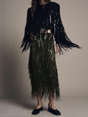 Olive Green Fringed Sequin Skirt