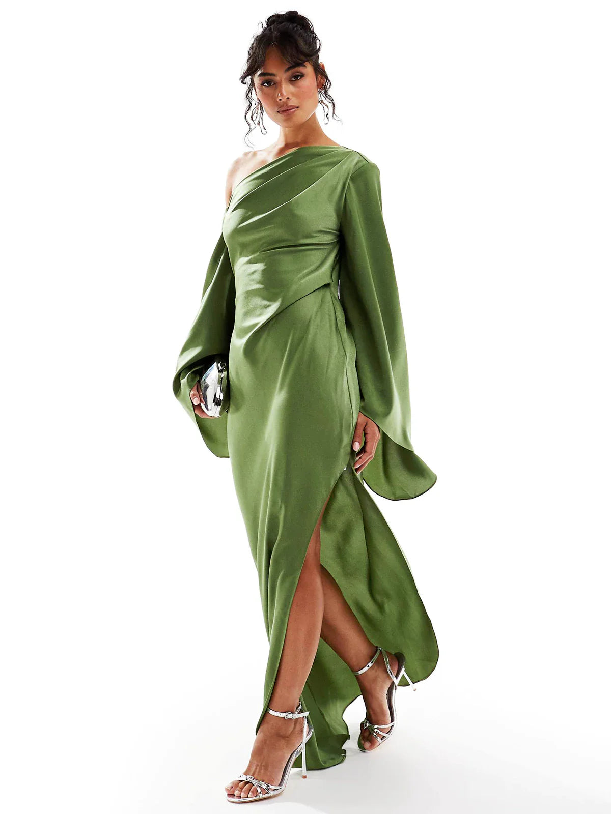 Green Long Sleeves Satin Maxi Dress
