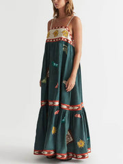 Dark Green Vintage Floral Midi Dress