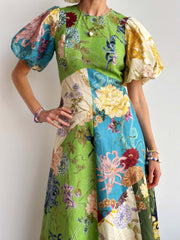 Green Floral Short Sleeves Midi Dress