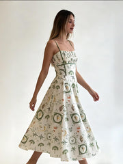Green Botanical Print Sleeveless Midi Dress