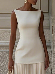 Elegant Boat-Neck Top Pleated Skirt Two Piece Set