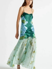 Green Floral Paneled Slip Maxi Dress