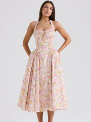 Pink Floral Pleated Halter Midi Dress
