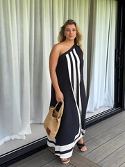 Black Verticle Striped One Shoulder Midi Dress