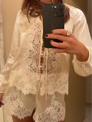 Crochet Lace Edge Satin Pajama Two Piece Suit