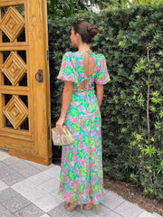Green Floral V-Neck Midi Dress