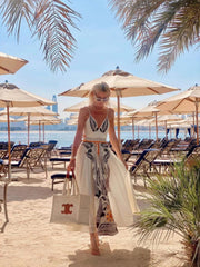 Elegant Feather Print Backless Tie Dress