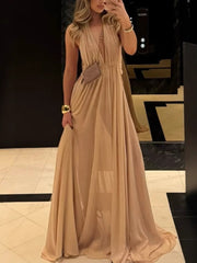 Beige Halter Neck Plunging Maxi Dress