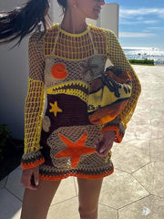 Reef-Inspired Pattern Crochet Knit Mini Dress