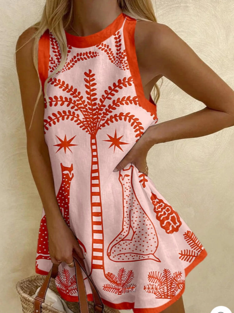 Orange Patterned Linen Mini Dress