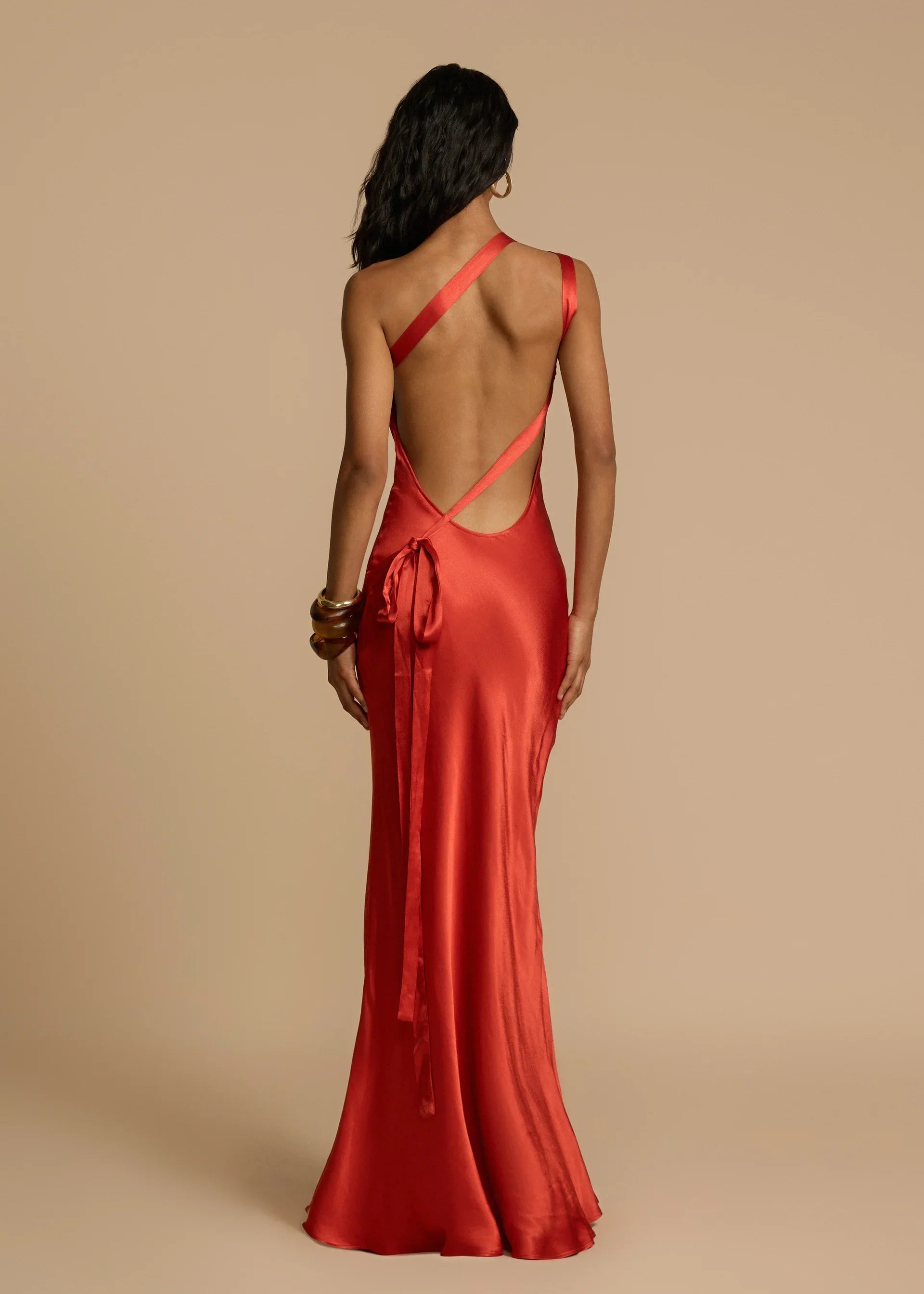 Orange Red Satin One Shoulder Maxi Dress