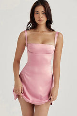 Sexy Square Neck Sleeveless Suspender Strap Micro Mini Satin Sundress