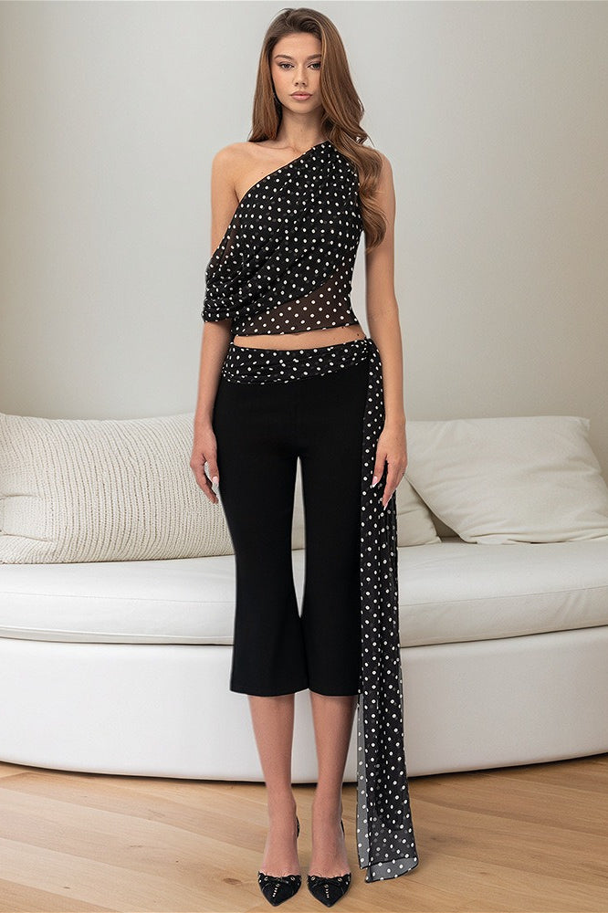 Polka Dot One Shoulder Top and Pants Two-Piece Suit