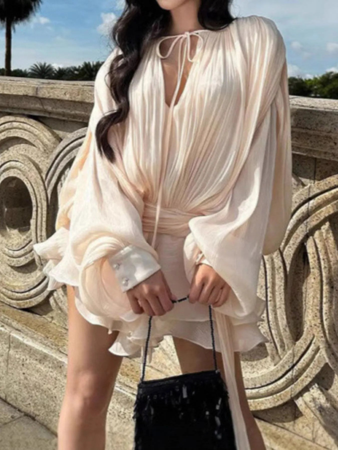 Beige Textured Long Sleeves Mini Dress