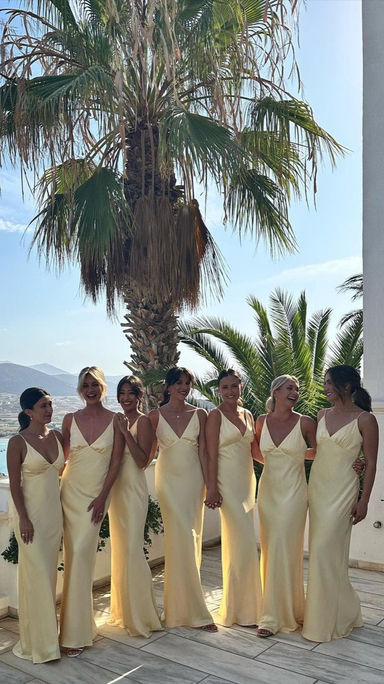 Light Yellow Satin V Neck Maxi Dress