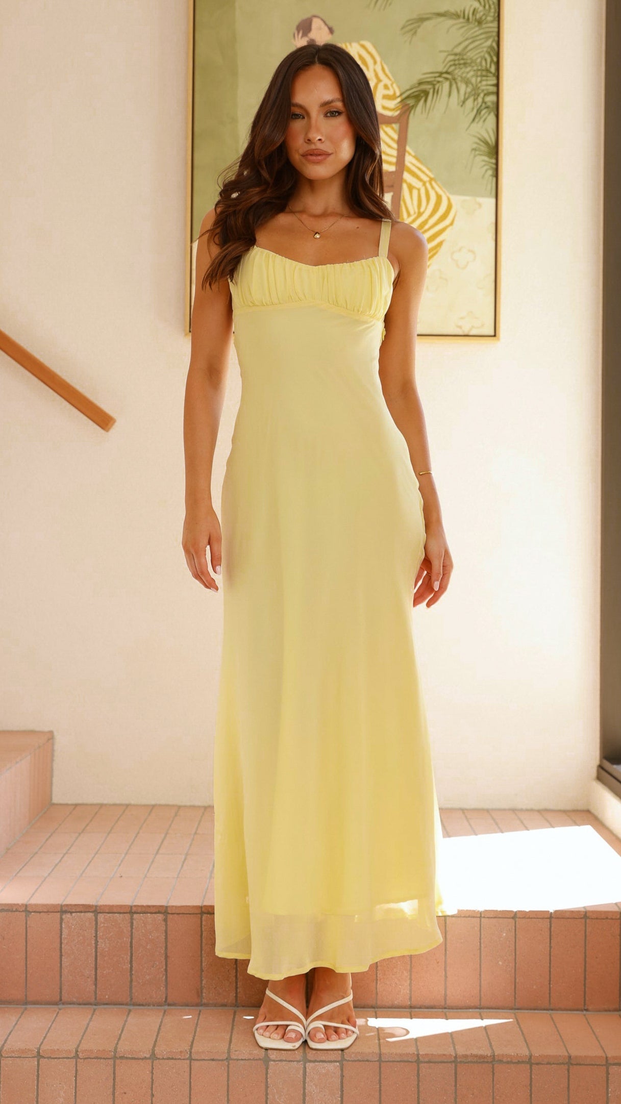 Yellow Pleated Yoke Midi Dress
