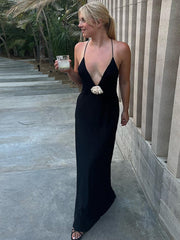 Rosette Trim Plunging Maxi Evening Dress