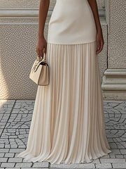 Elegant Boat-Neck Top Pleated Skirt Two Piece Set