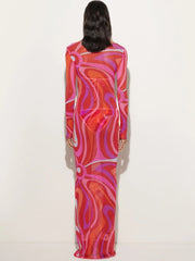 Hot Pink Wavy Line Printed Semi-Sheer Maxi Dress