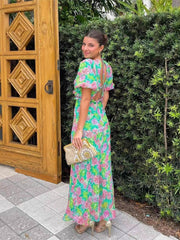 Green Floral V-Neck Midi Dress