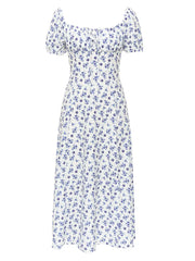 Blue Floral Front-Tie High Slit Midi Dress