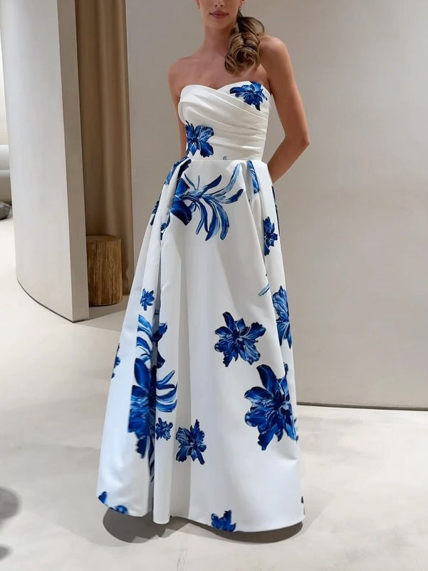 Blue Floral Bandeau Maxi Dress